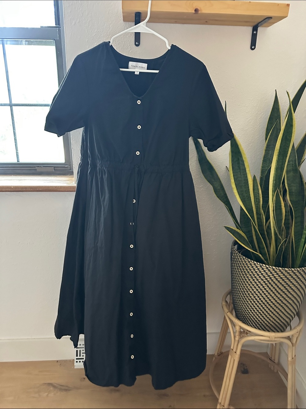 Madewell Black Button-Front Midi Dress with V-Neck